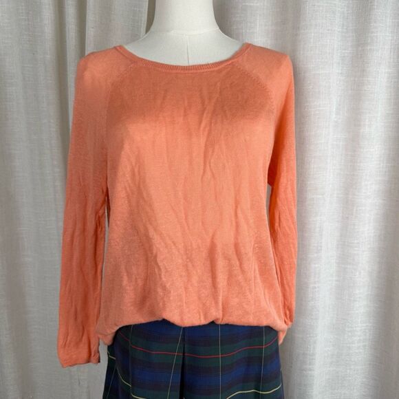 Sheer Peach Linen Blend Sweater w/ Back Buttons Chic Layering - Picture 3 of 16